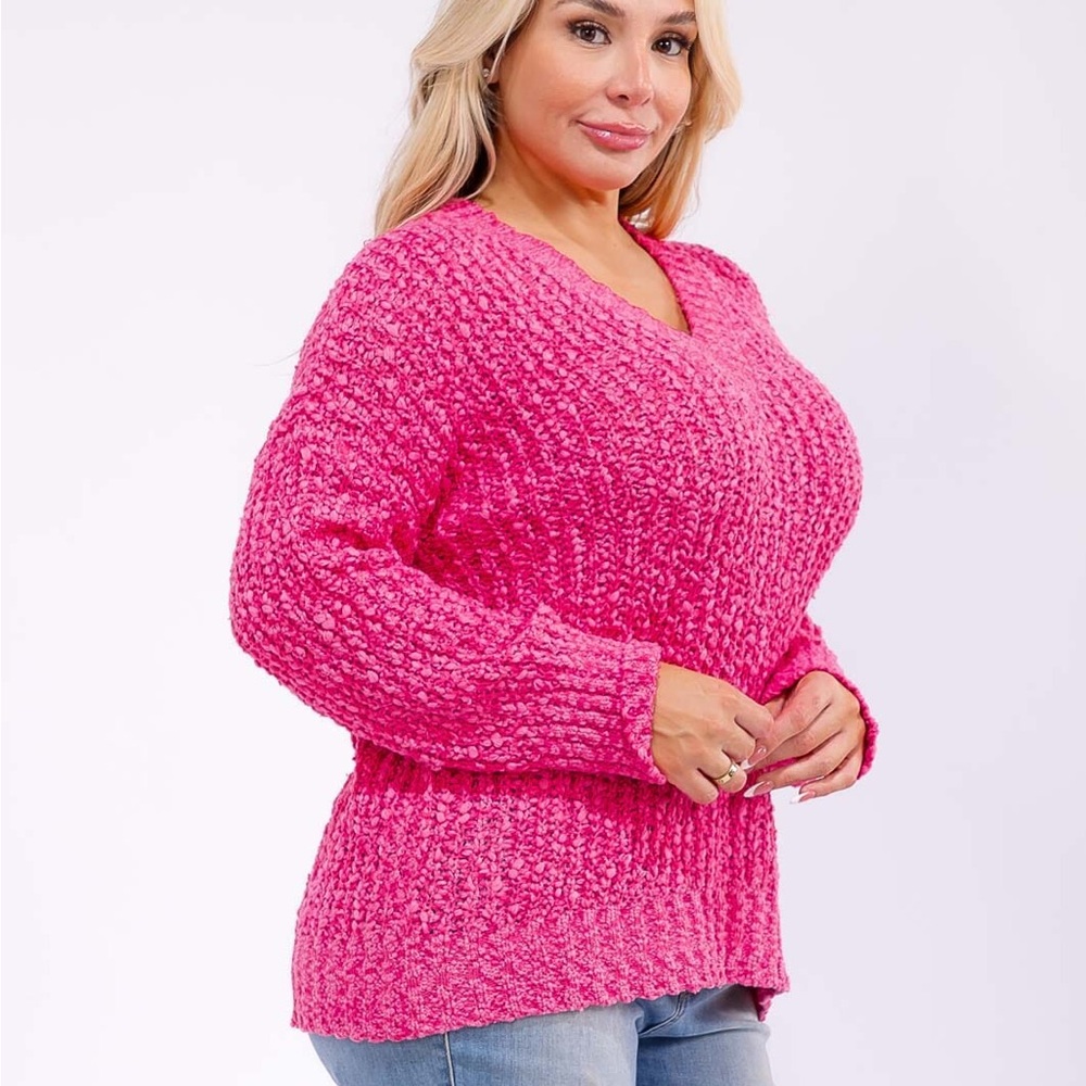 CA003 PLUS SIZE COZY V-NECK KNIT PULLOVER SWEATER